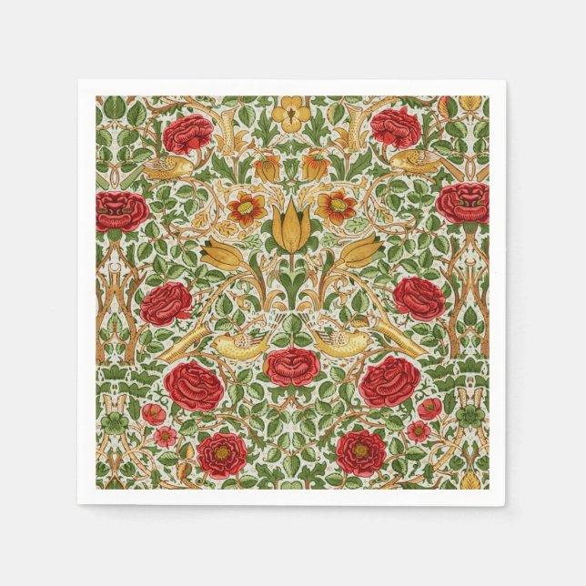 William Morris Rose & Birds Chintz Red Serviette (Vorderseite)