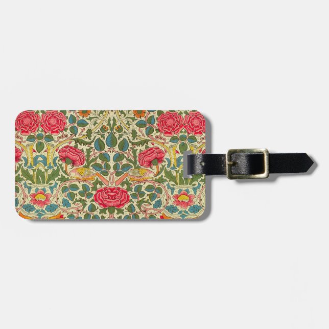 William Morris Rose Floral Chintz Pink Gepäckanhänger (Vorderseite horizontal)