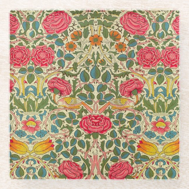 William Morris Rose Floral Chintz Pink Glasuntersetzer (Vorderseite)