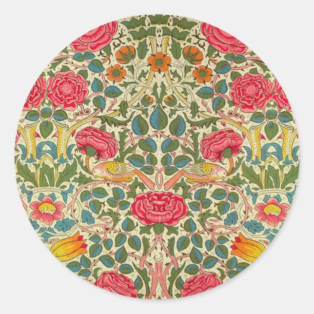 William Morris Rose Floral Chintz Pink Runder Aufkleber (Vorderseite)