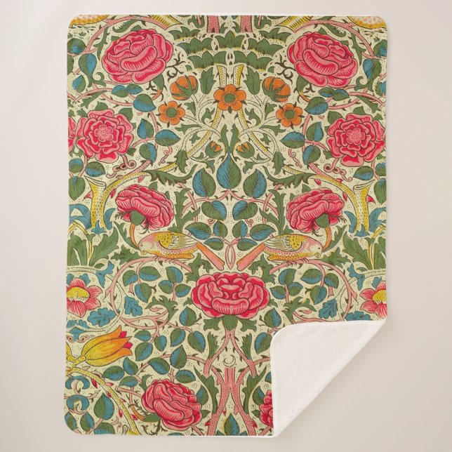 William Morris Rose Floral Chintz Pink Sherpadecke (Vorderseite)