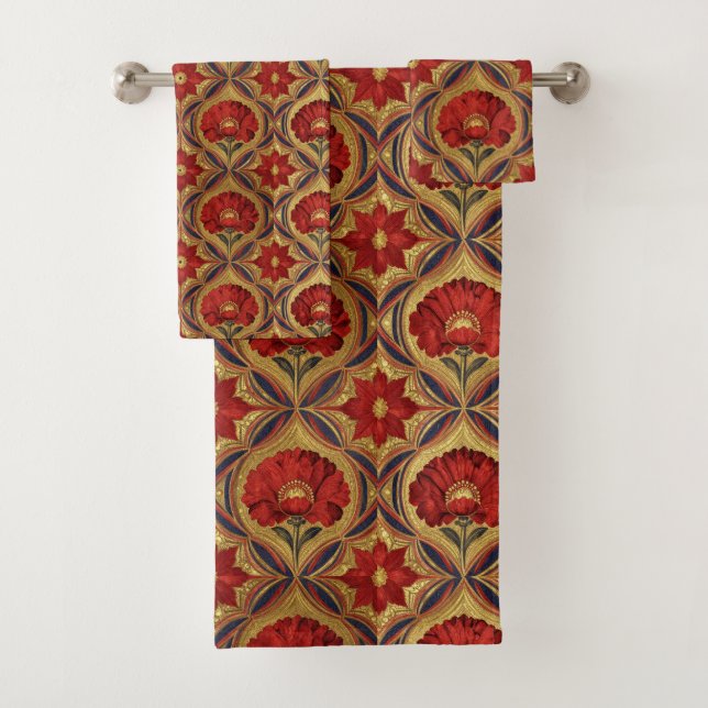 William Morris Rot Gold Mohn Blumenmuster  Badhandtuch Set (Insitu)