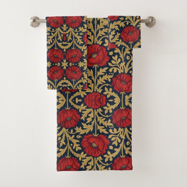 William Morris Rot Gold Mohn Blumenmuster  Badhandtuch Set (Insitu)