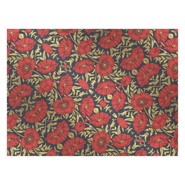 William Morris Rot Gold Mohn Blumenmuster  Tischdecke (Vorderseite (Horizontal))