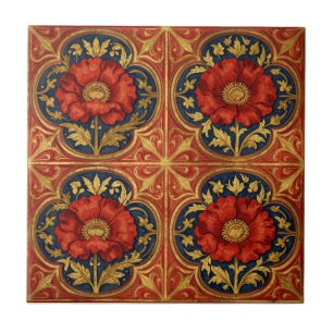 William Morris Rot Gold Mohnblumen geometrisches F Fliese
