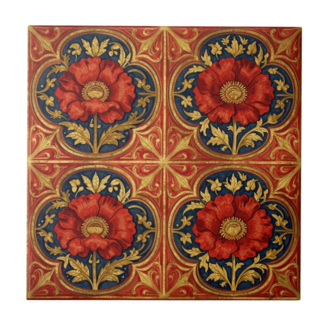 William Morris Rot Gold Mohnblumen geometrisches F Fliese (Vorderseite)