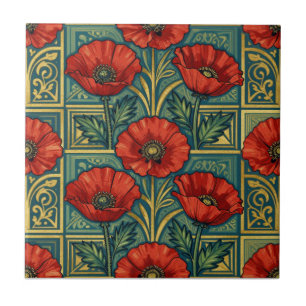 William Morris Rot Gold Mohnblumen geometrisches F Fliese