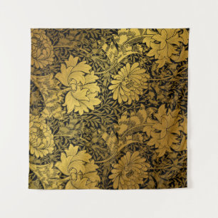 William Morris Schwarz & Gold Chrysanthemum Floral Wandteppich