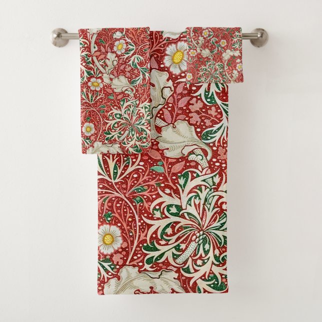 William Morris Seaweed Antike Blume Rot Grün Badhandtuch Set (Insitu)