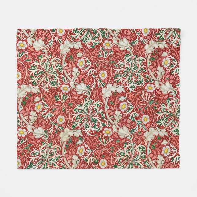 William Morris Seaweed Antike Blume Rot Grün Fleecedecke (Vorderseite (Horizontal))