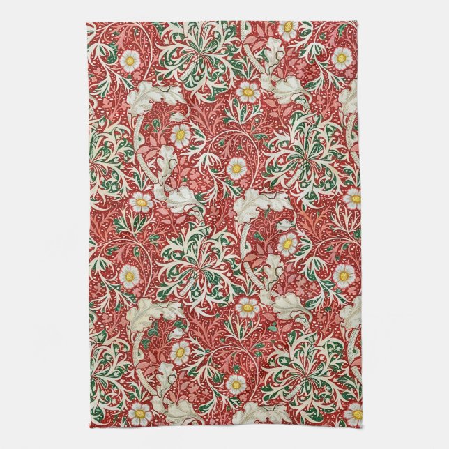 William Morris Seaweed Antike Blume Rot Grün Geschirrtuch (Vertikal)