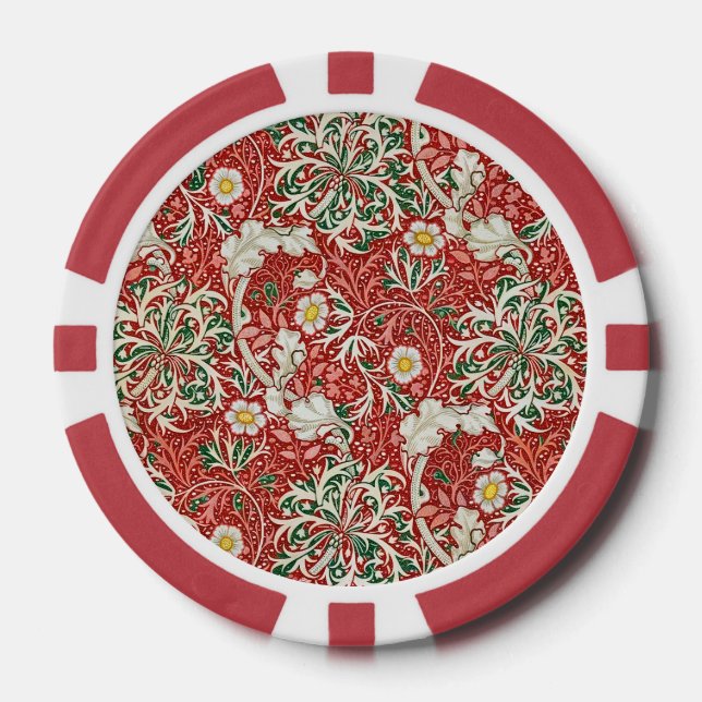 William Morris Seaweed Antike Blume Rot Grün Pokerchips (Vorderseite)