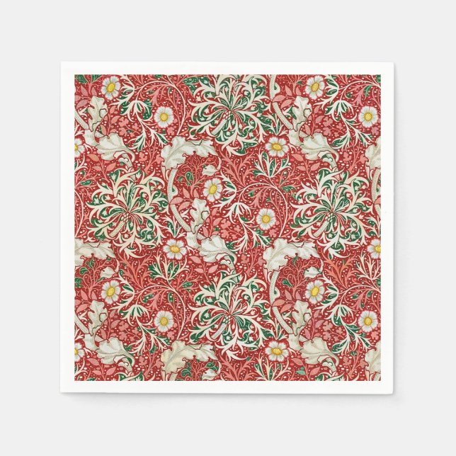 William Morris Seaweed Antike Blume Rot Grün Serviette (Vorderseite)