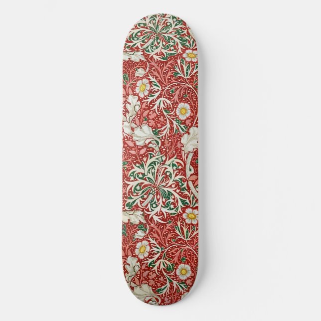 William Morris Seaweed Antike Blume Rot Grün Skateboard (Vorderseite)
