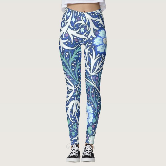 William Morris Seaweed Blue Pattern Leggings (Vorderseite)