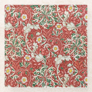 William Morris Seetang Antique Flower Rot Grün Glasuntersetzer
