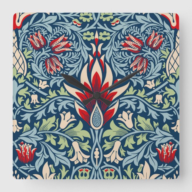 William Morris Snakeshead Fritillary Floral Design Quadratische Wanduhr (Vorderseite)