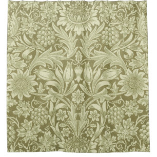 William Morris Sonnenblume Vintage Olive Damast Duschvorhang