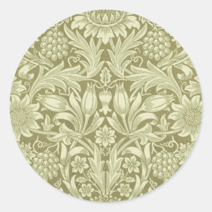William Morris Sonnenblume Vintage Olive Damast Runder Aufkleber