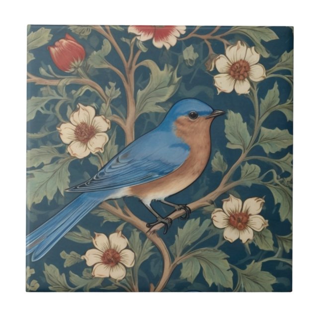 William Morris Stil Direkt gegenüber Bluebird Bird Fliese (Vorderseite)