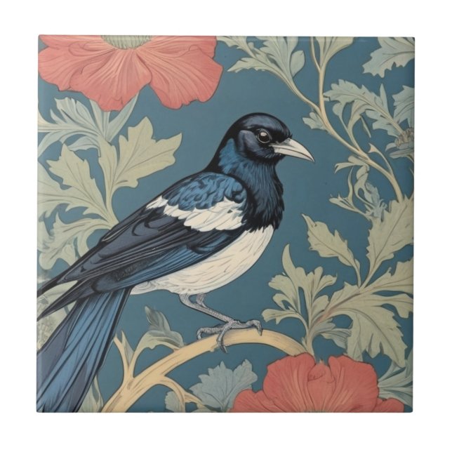 William Morris Stil Direkt gegenüber Magpie Bird Fliese (Vorderseite)