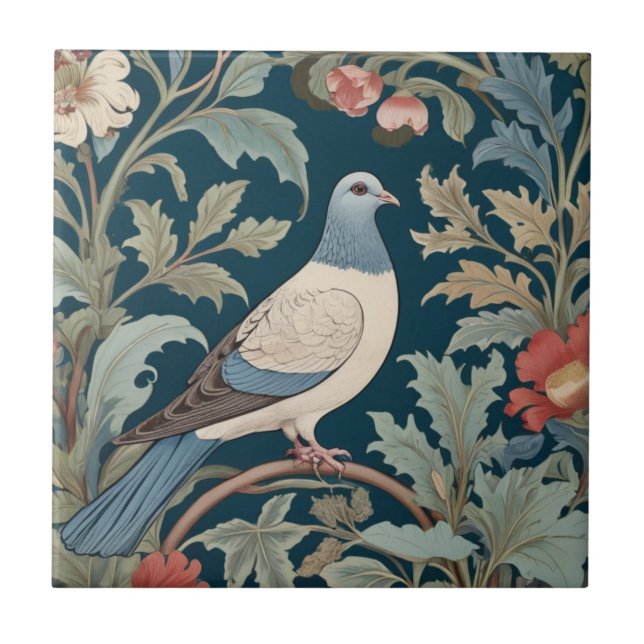 William Morris Stil Direkt gegenüber Pigeon Bird Fliese (Vorderseite)