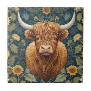 William-Morris-Stil Highland-Rind gelbe Sonnenblum Fliese