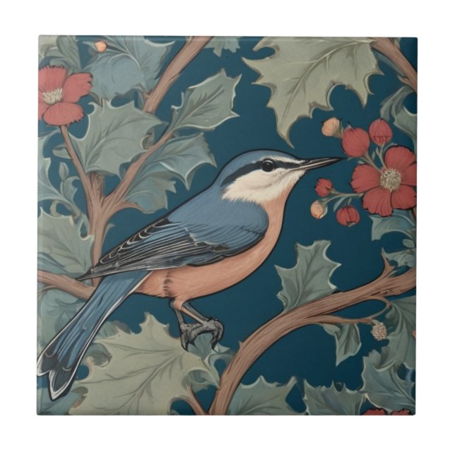 William Morris Stil Rechts gegenüber Nuthatch Bird Fliese (Vorderseite)