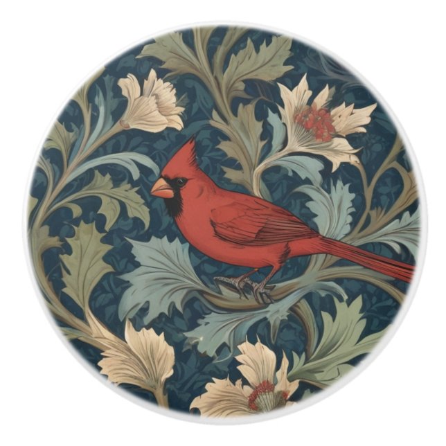William Morris-Stil Red Kardinal Bird links gegenü Keramikknauf (Vorderseite)