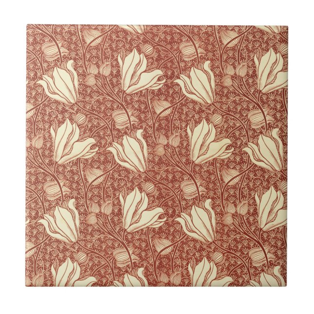William Morris Stil Roter Lilie Blumenmuster Fliese (Vorderseite)