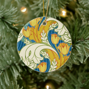 William Morris Stil Türkis & Gold Tulpen Blumen Ku Keramik Ornament