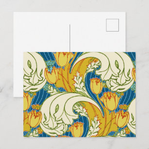 William Morris Stil Türkis & Gold Tulpen Blumen Ku Postkarte