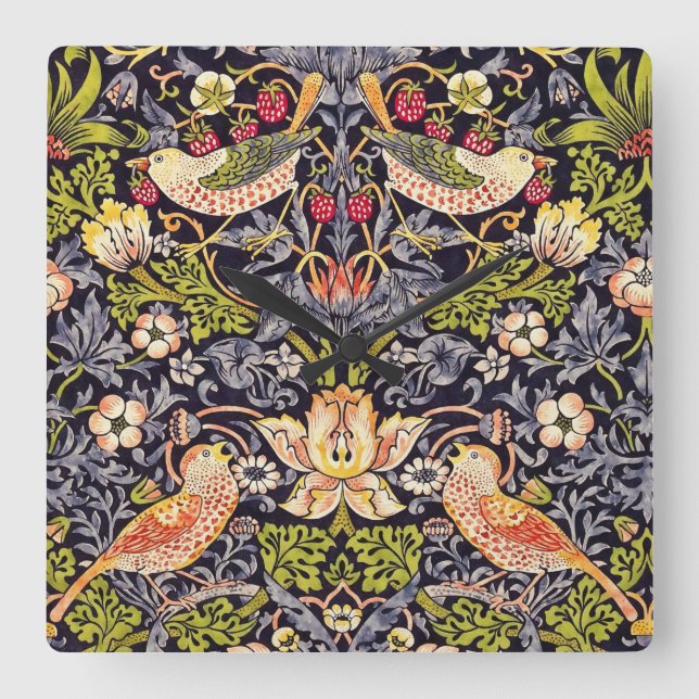 William Morris Strawberry Diief Floral Art Nouveau Quadratische Wanduhr (Vorderseite)