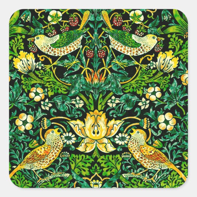 William Morris Strawberry Diief Green und Orange Quadratischer Aufkleber (Vorderseite)