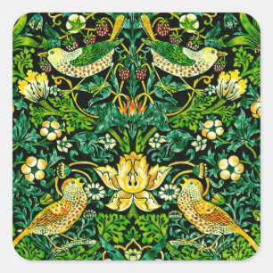 William Morris Strawberry Thief Grün und Orange Quadratischer Aufkleber