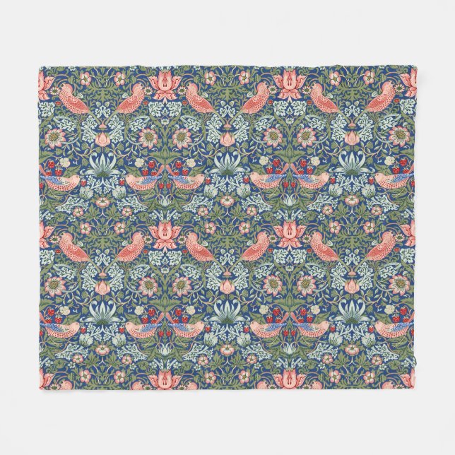 William Morris Strawberry Thief Navy Koralle Fleecedecke (Vorderseite (Horizontal))