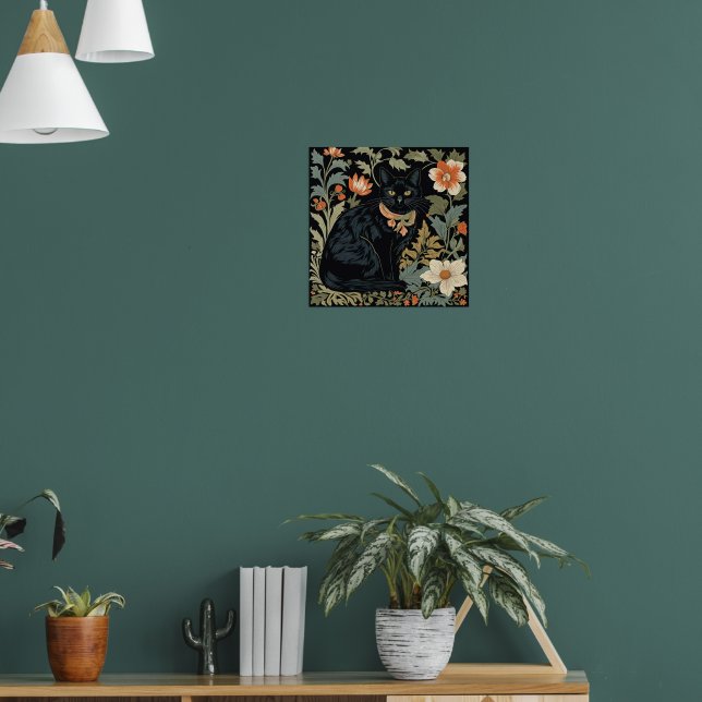 William Morris Style Black Niedlich Cat Botantical Poster (Wohnzimmer 1)