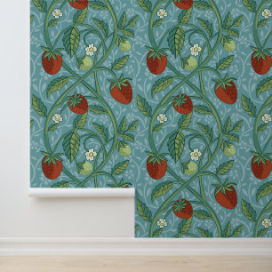 William Morris Style Blue & Red Strawberry Pattern Tapete