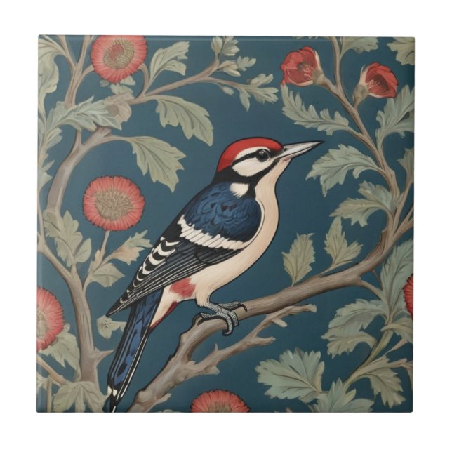 William Morris Style Great gepunktet Woodpecker Bi Fliese (Vorderseite)