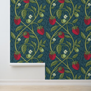 William Morris Style Jade & Red Strawberry Pattern Tapete
