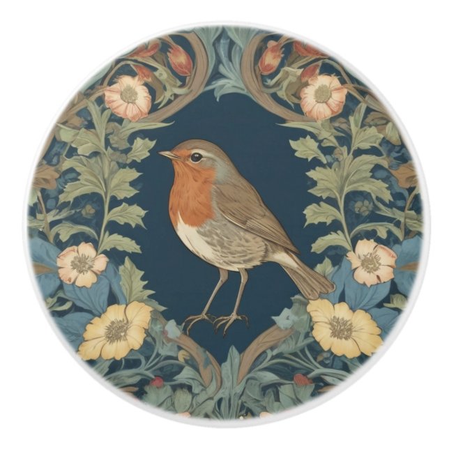 William Morris Style L Robin RedBrust Bird Keramikknauf (Vorderseite)