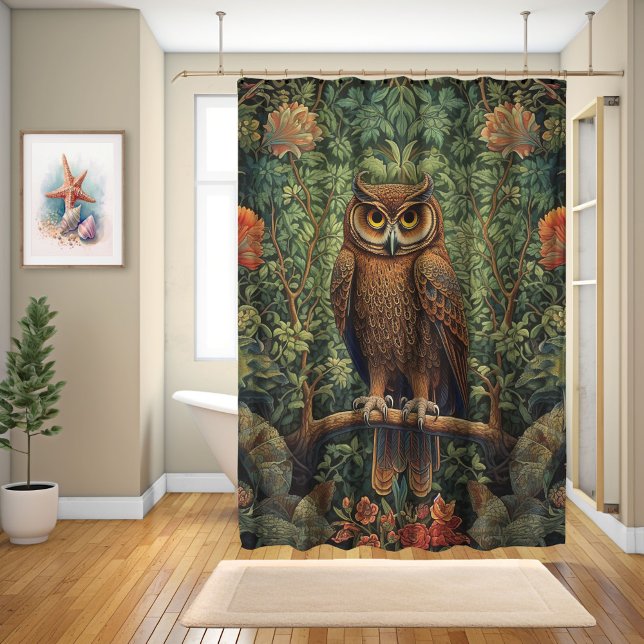 William Morris Style, Owl auf einer Zweigniederlas Duschvorhang (Von Creator hochgeladen)