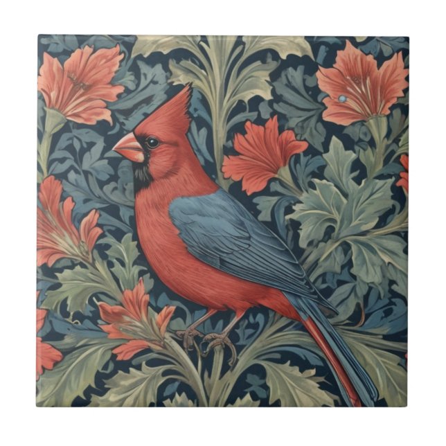William Morris style Red Kardinal Bird L floral Fliese (Vorderseite)