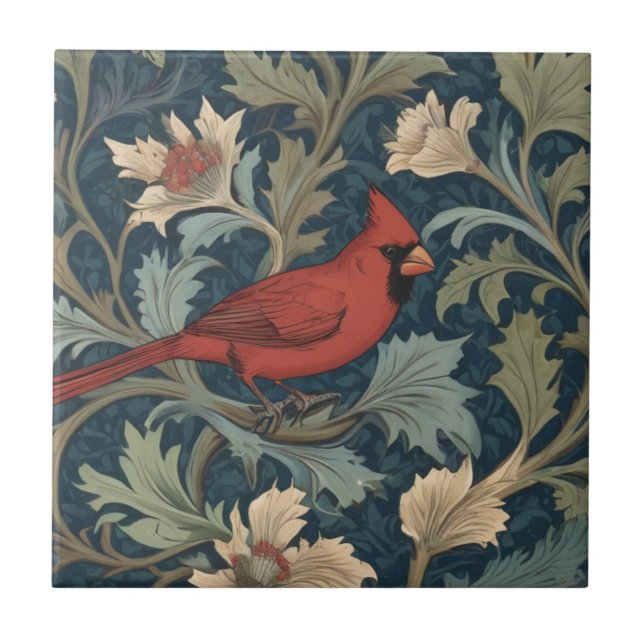 William Morris Style Red Kardinal Bird rechts Fliese (Vorderseite)