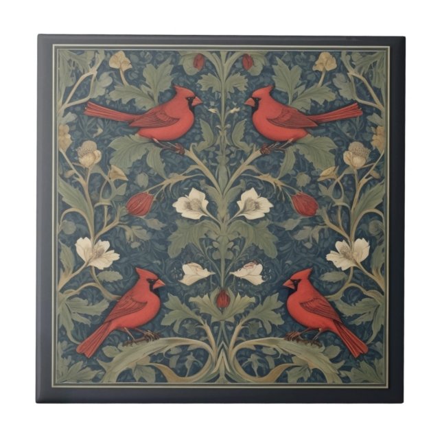 William Morris Style Red Kardinal Birds Fliese (Vorderseite)