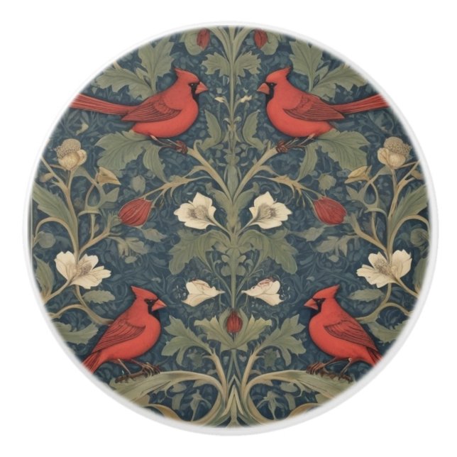William Morris Style Red Kardinal Birds Keramikknauf (Vorderseite)