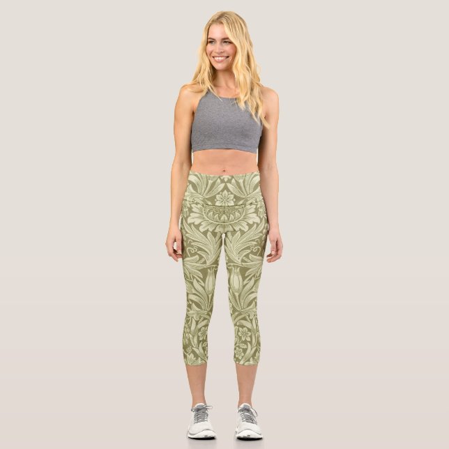William Morris Sunflower Green Blume Capri Leggings (Vorderseite)