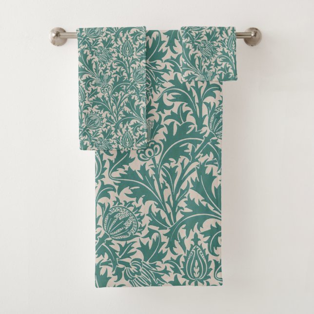 William Morris Teal Blaue Distel Vintage-Tapete Badhandtuch Set (Insitu)