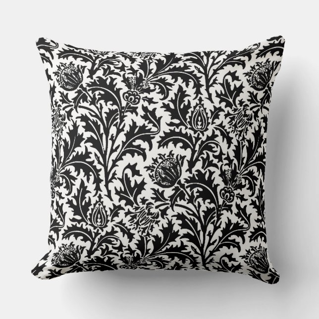 William Morris Thistle Damask, Schwarz auf Weiß Kissen (Vorderseite)