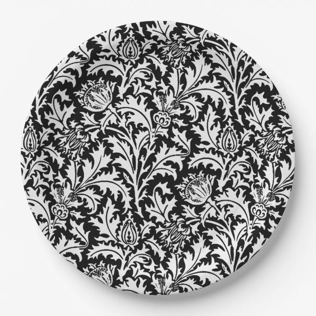 William Morris Thistle Damask, Schwarz und Weiß   Pappteller (Vorderseite)